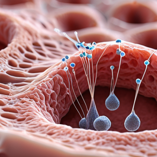 Home 4 **A close-up of a biodegradable suture dissolving into tissue, showcasing biocompatibility. Focus on the microscopic interaction between the material and living cells.**