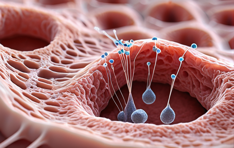**A close-up of a biodegradable suture dissolving into tissue, showcasing biocompatibility. Focus on the microscopic interaction between the material and living cells.**